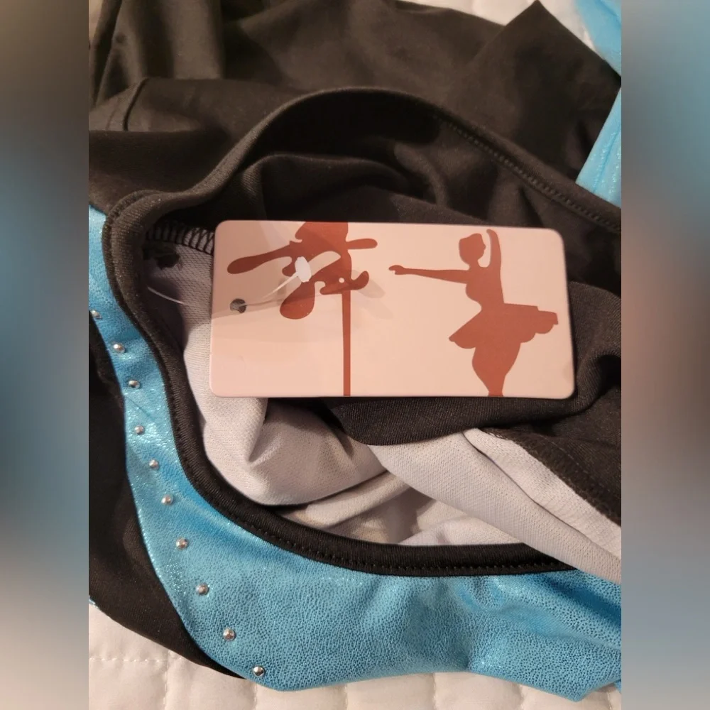 Girls Long Sleeve White Blue‎ Waves Dance Gymnastics Black Leotard Sparkle Shine